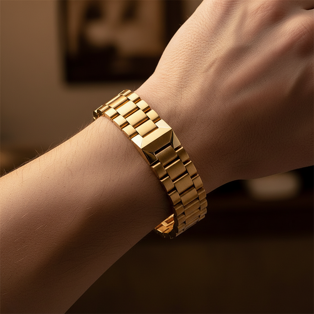 Close-up of Geometric Titanium Steel Bracelet on Caucasian man's wrist