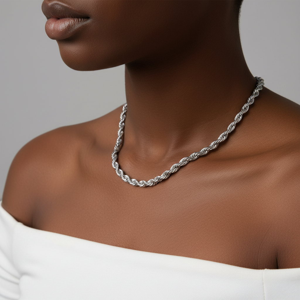 Close-up of Twist Chain Necklace on collarbone catching light