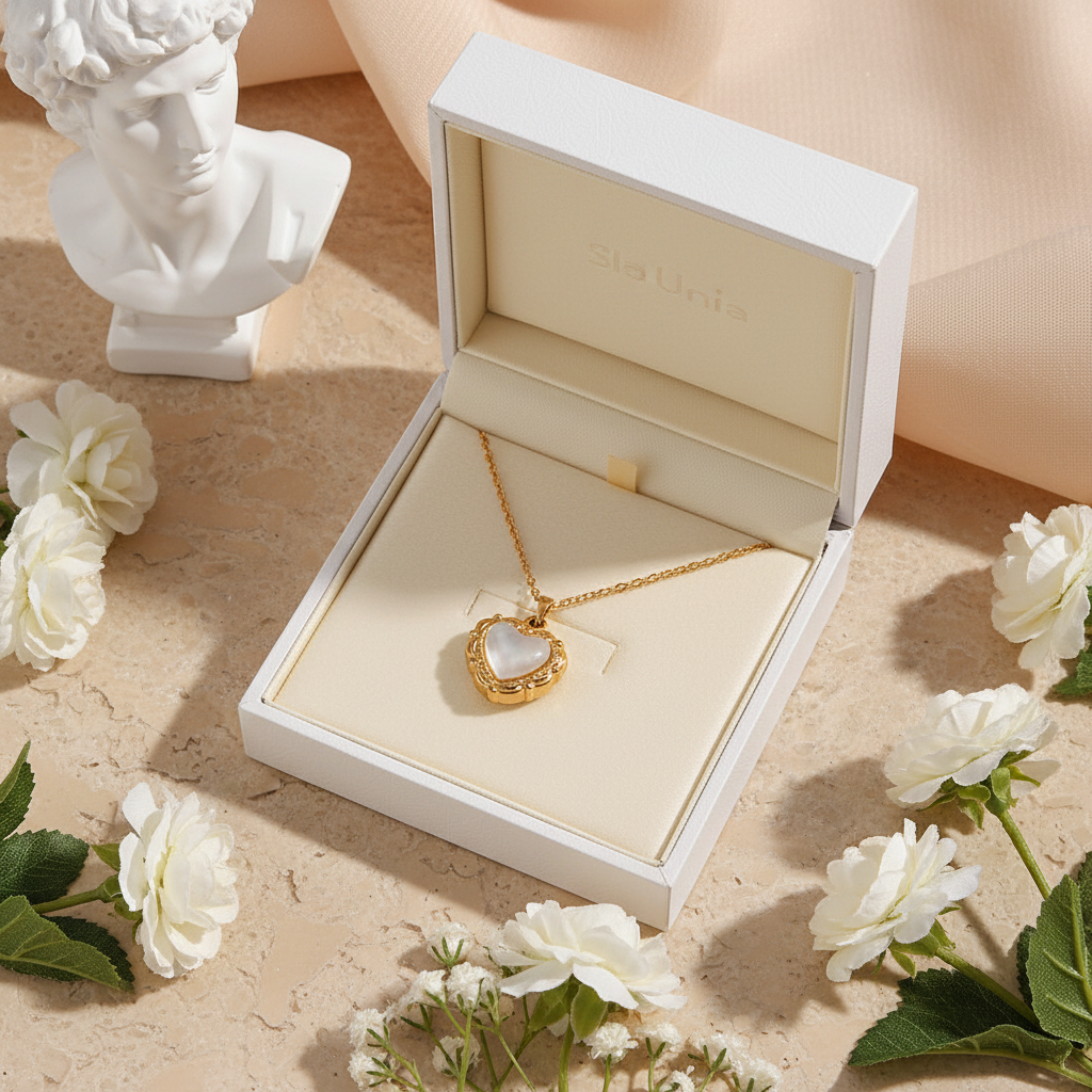 Vintage Shell Heart Necklace in luxury white gift box with flowers