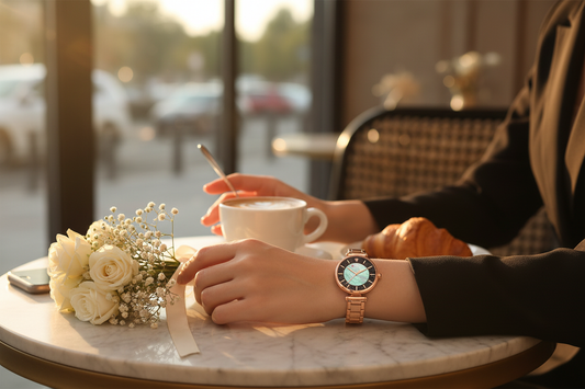 Rose gold women's watch cafe lifestyle