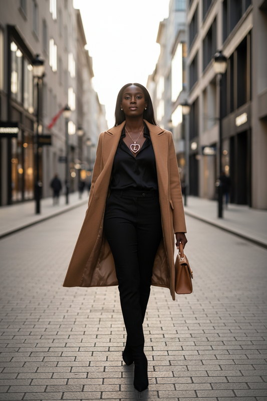 Model wearing Love Language heart necklace on luxury urban street