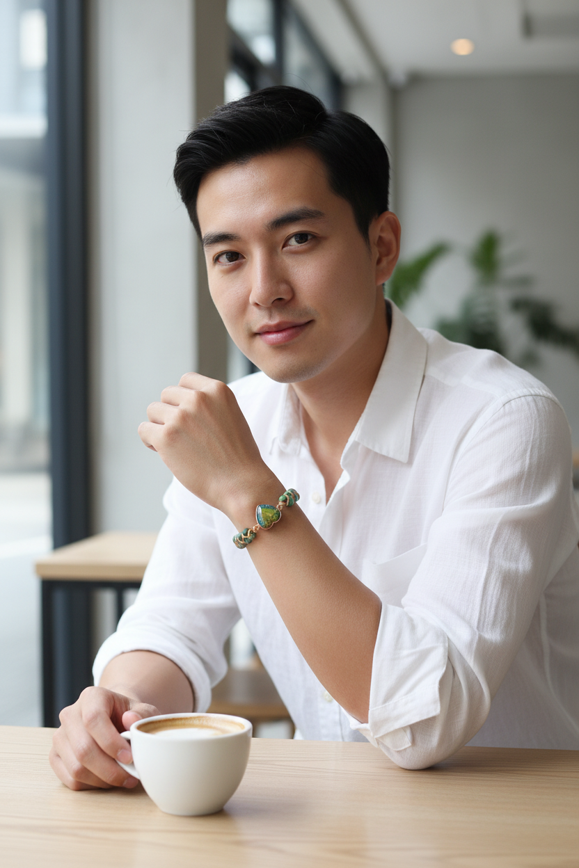 Asian man wearing Natural Stone Love Bracelet at minimalist cafe