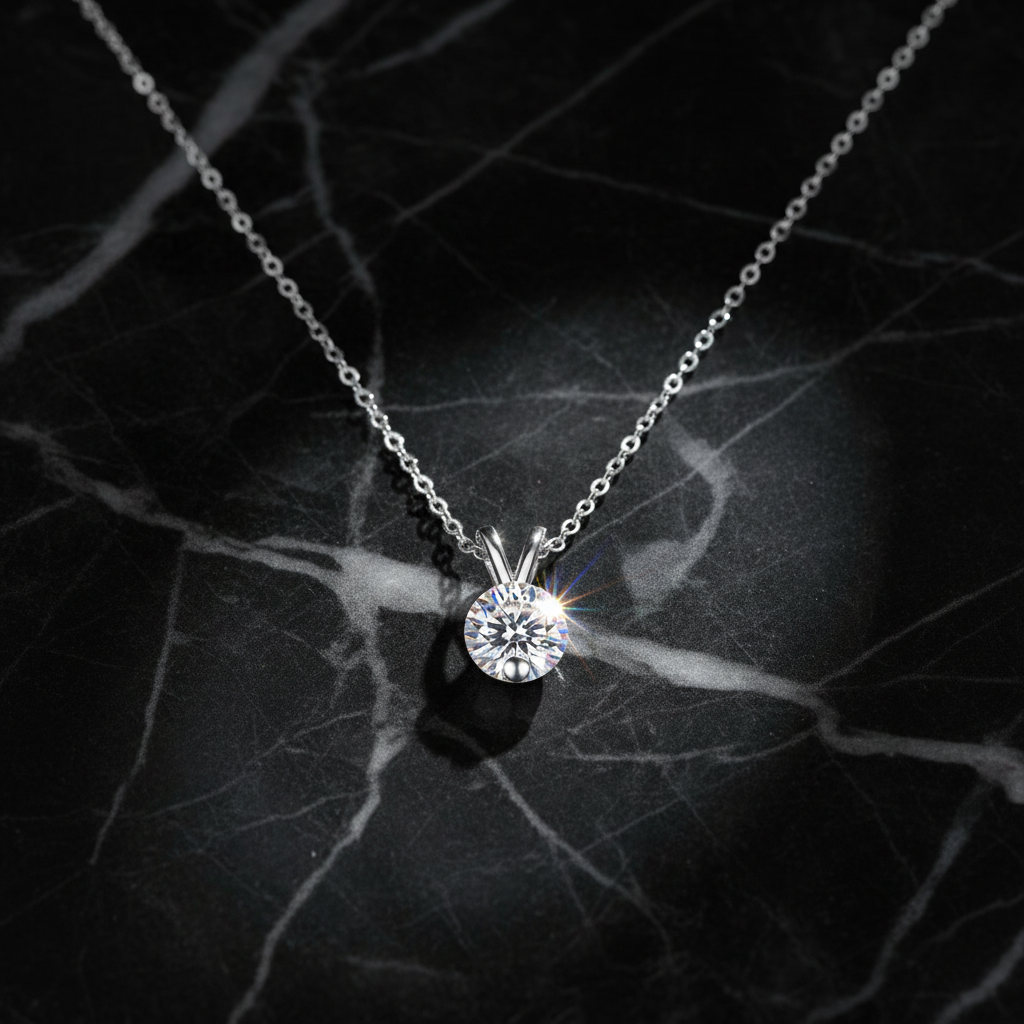 V-Shaped Moissanite Necklace flat lay on black marble with brilliant sparkle
