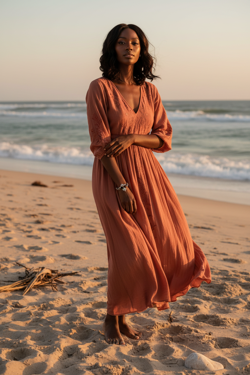 Model wearing Grounded in Stone bracelet on beach at golden hour
