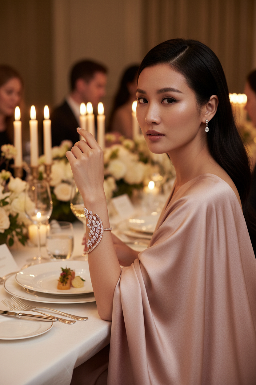 Asian model wearing Geometric Zirconia Rose Gold Bracelet at luxury evening dinner
