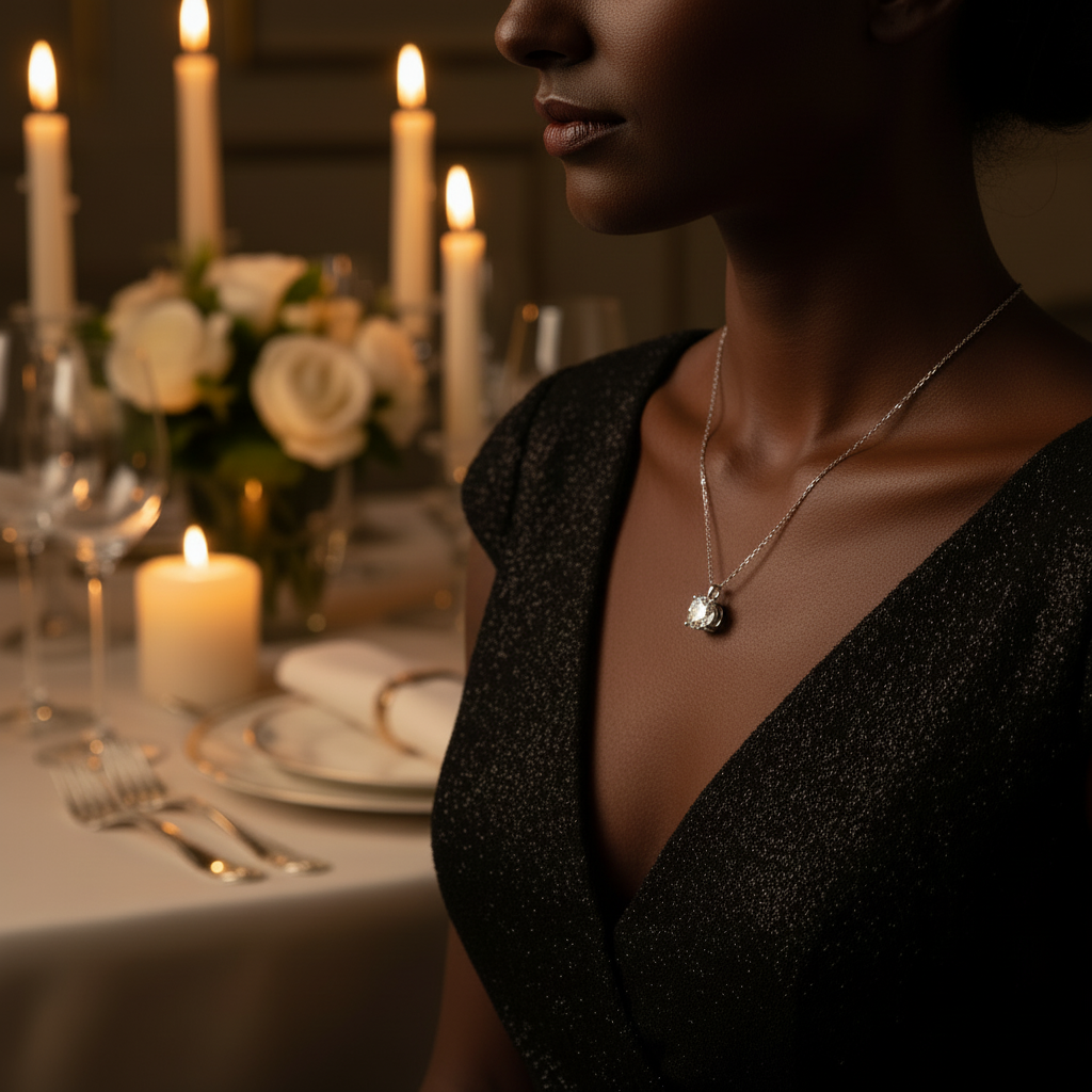 Close-up of Love of Time Moissanite Necklace sparkling on collarbone