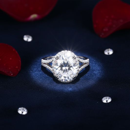 Dance With Youth Oval Halo Moissanite Ring - flat lay on dark velvet