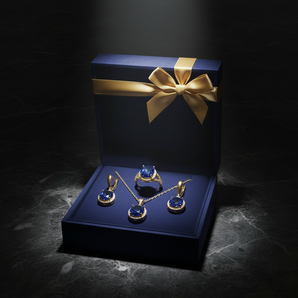 Royal Blue Sapphire Gold Jewelry Set in luxury navy velvet gift box