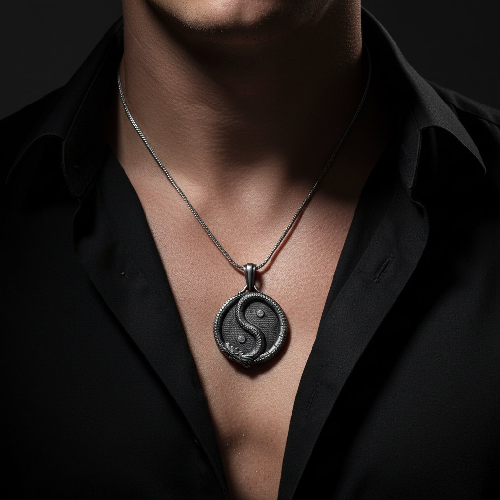 Close-up of Men's Stainless Steel Pendant Necklace on Caucasian man's chest