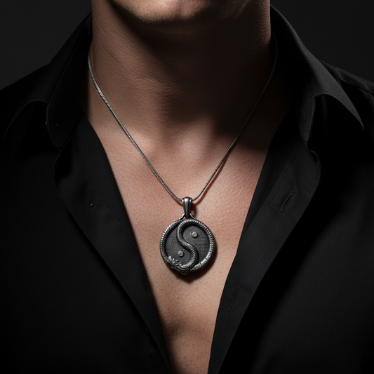 Close-up of Men's Stainless Steel Pendant Necklace on Caucasian man's chest