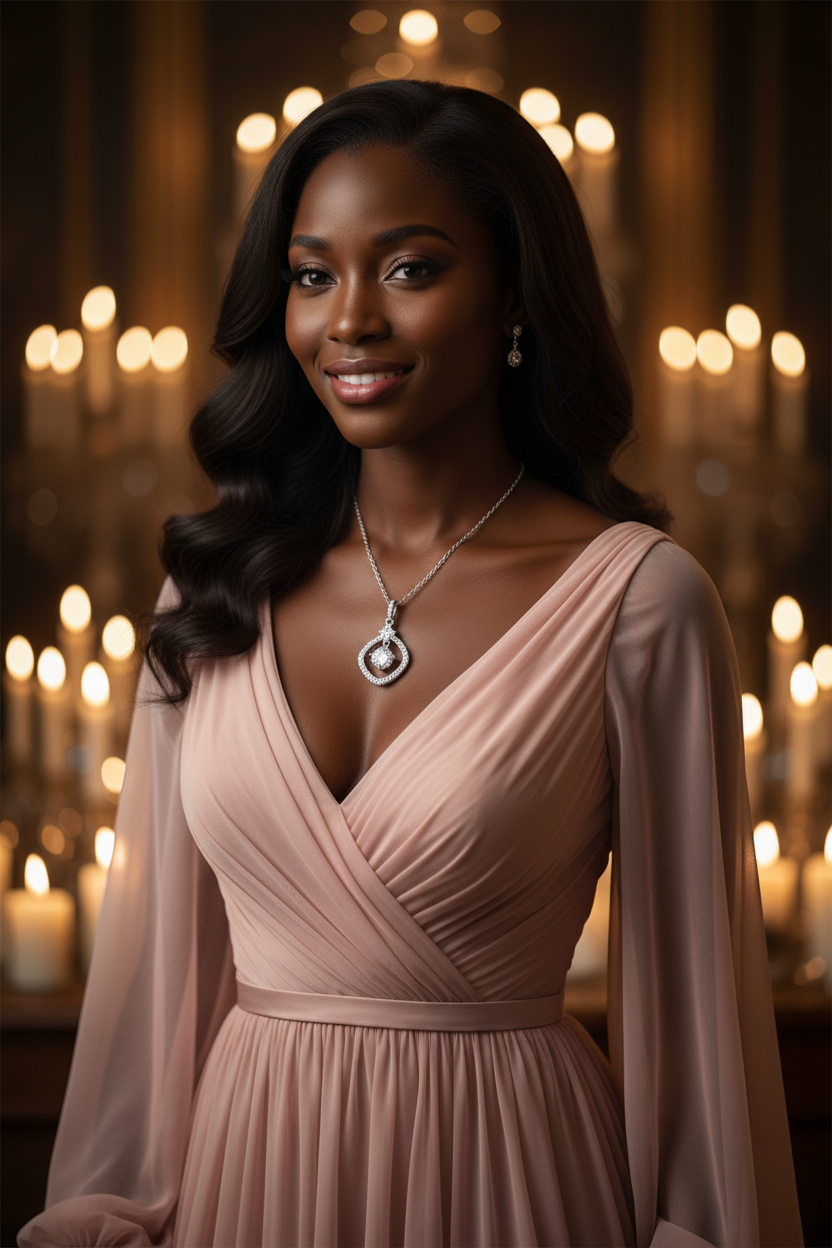 Model wearing Starlight Heart Moissanite Necklace in candlelit romantic setting
