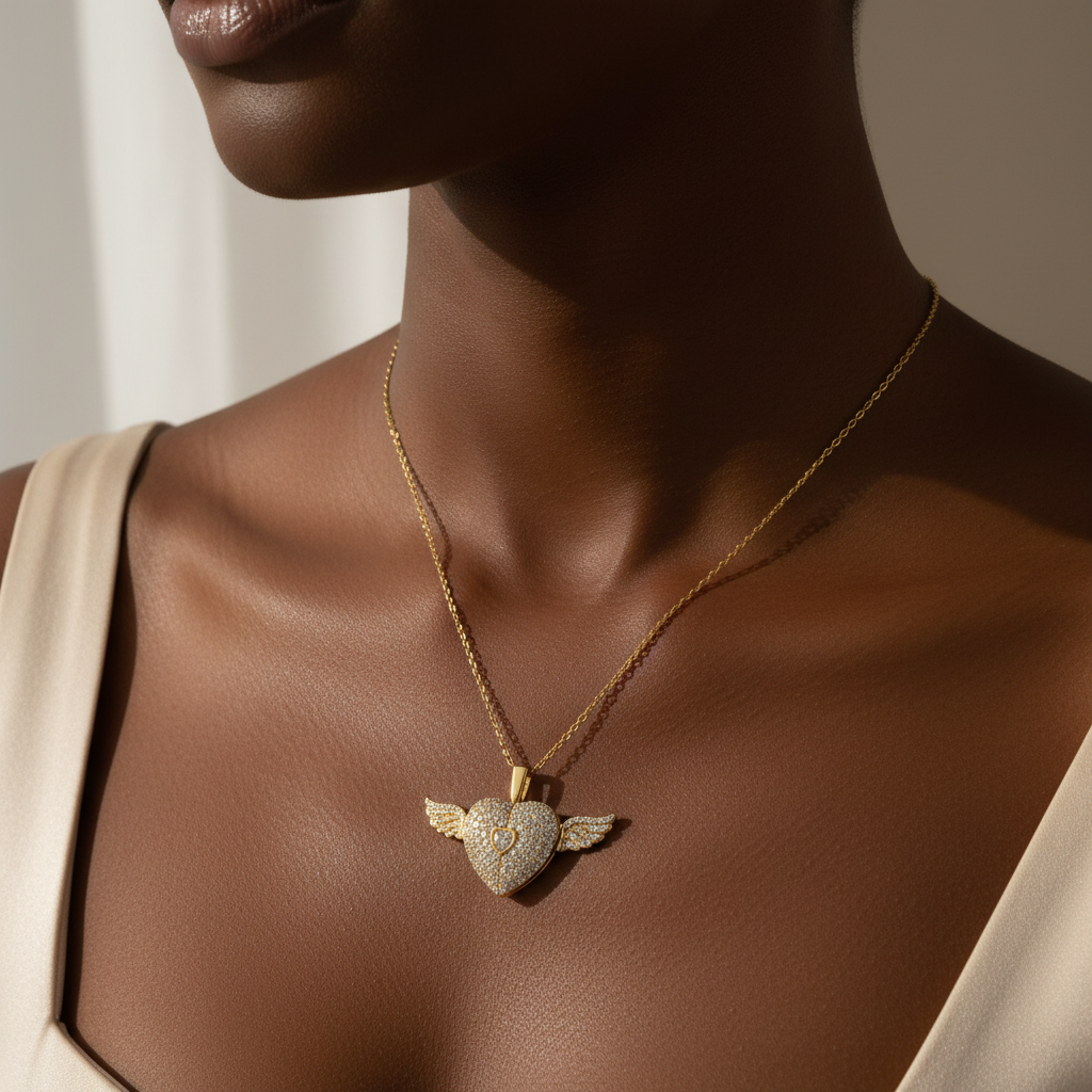 Close-up of Heart Wings Locket Necklace on collarbone