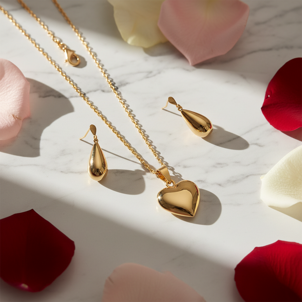 Gilded Together gold jewelry set flat lay on marble with rose petals