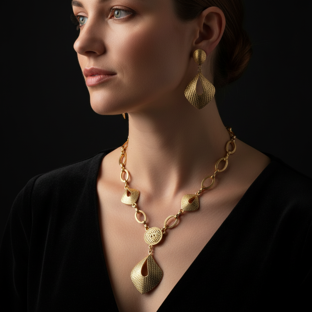 Close-up of Gold Geometric teardrop necklace and earring on Caucasian model