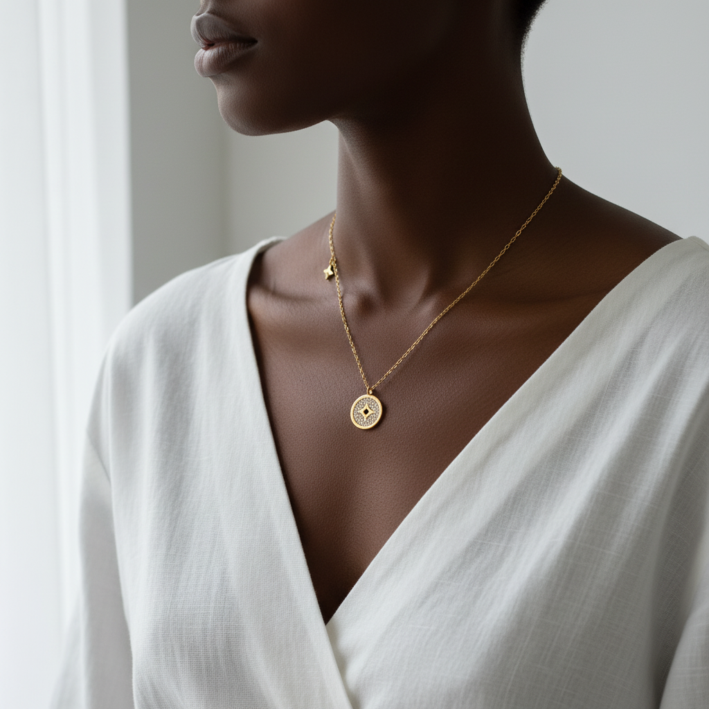Close-up of Ancient Coin Pendant Necklace on collarbone
