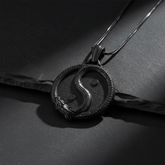Men's Stainless Steel Pendant Necklace flat lay on dark slate