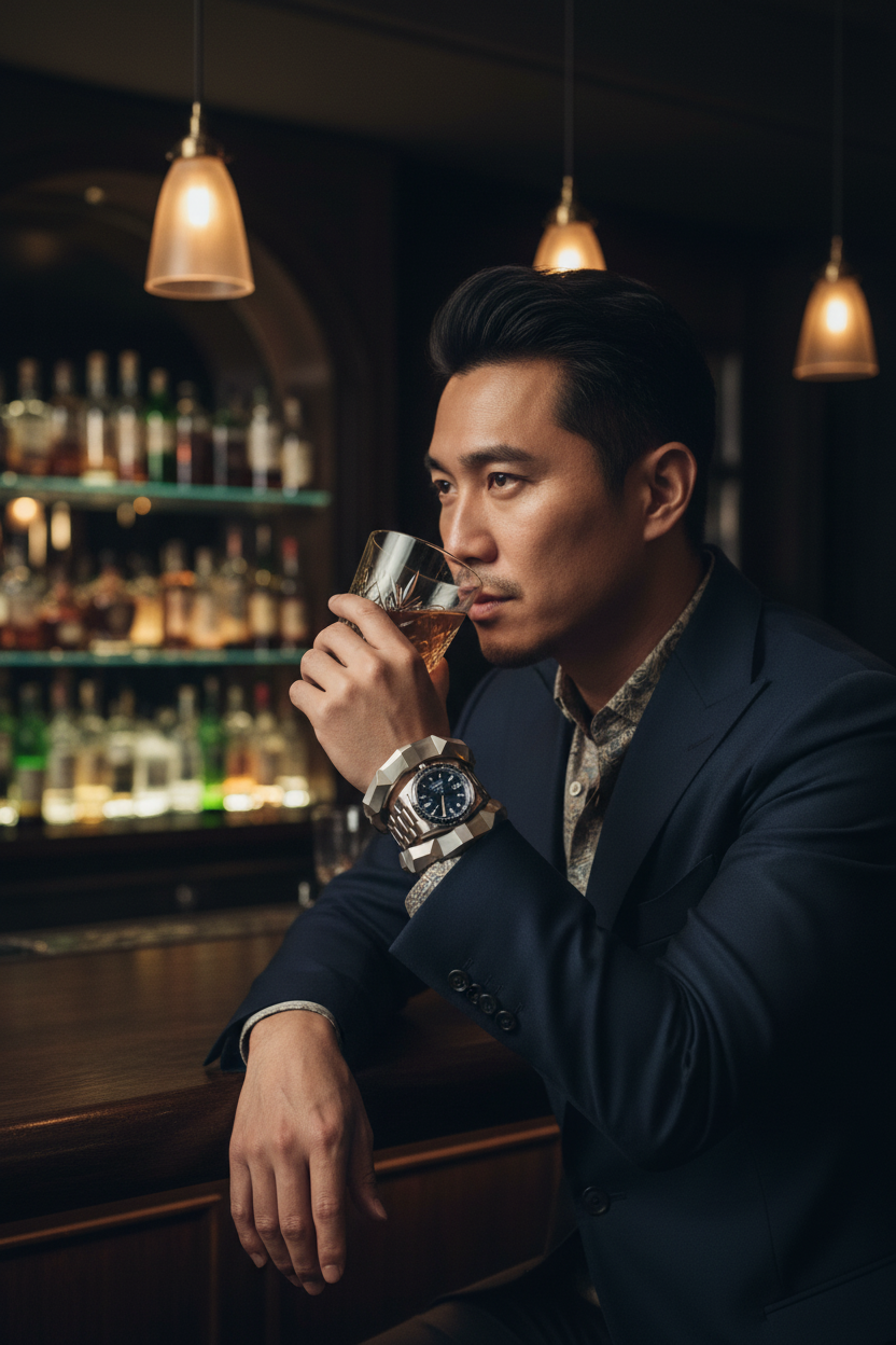 Asian man wearing Geometric Titanium Steel Bracelet stacked with watch at luxury bar