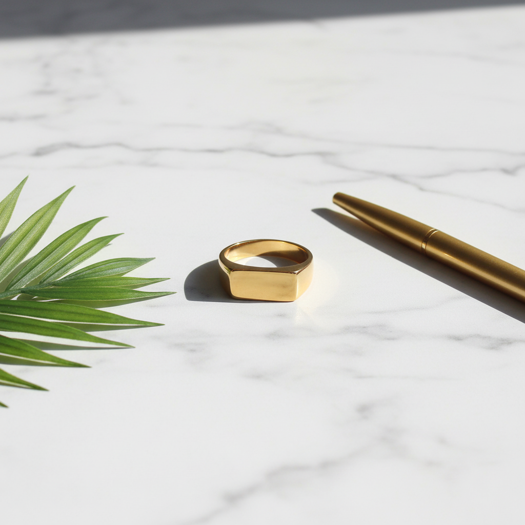 Timeless Gold Signet Ring – Marble Flat Lay
