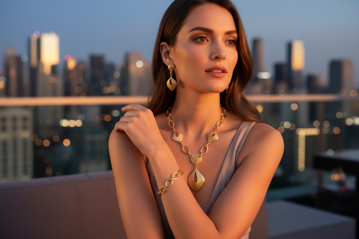 Gold Geometric Statement Set – Rooftop Evening