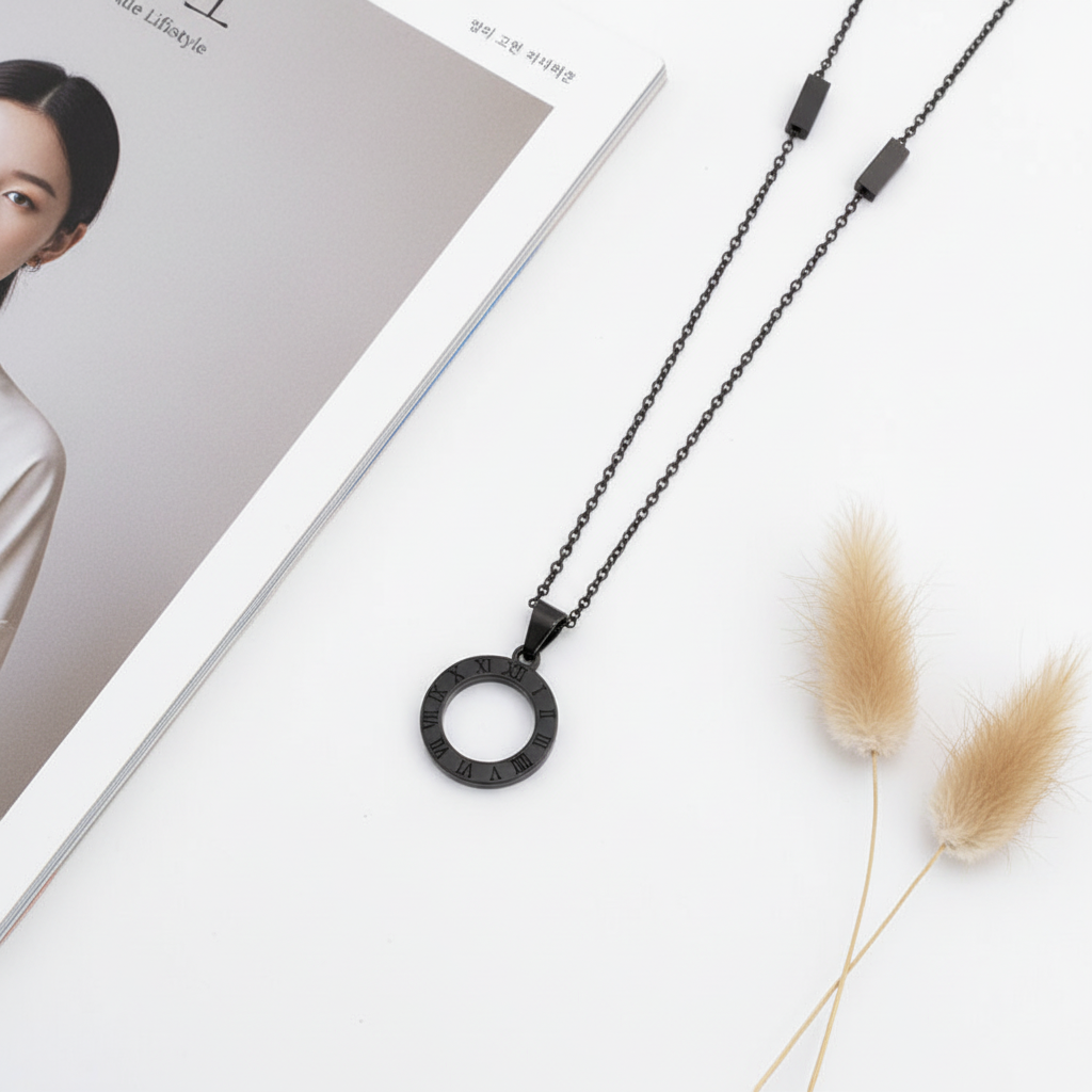 Korean Titanium Steel Pendant Necklace flat lay with minimalist K-style props