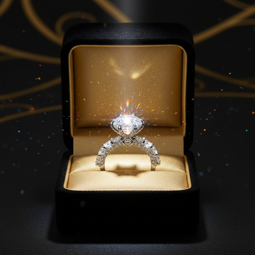 Fireworks Cut Moissanite Ring in luxury black velvet gift box