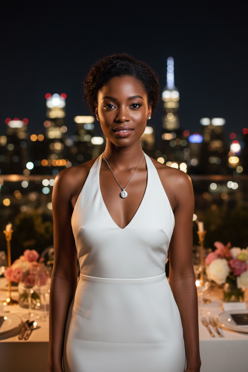 Model wearing V-Shaped Moissanite Necklace at luxury rooftop night event