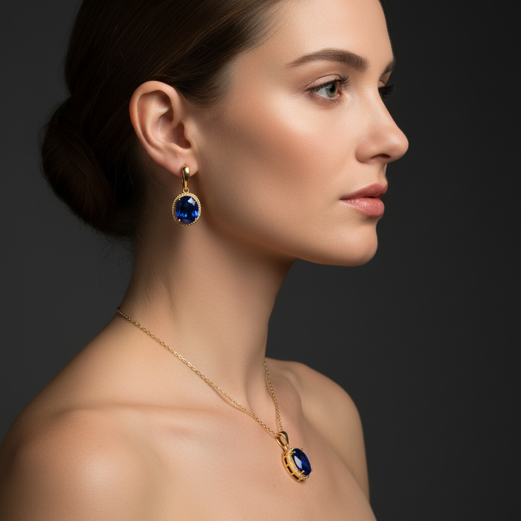 Close-up of Royal Blue Sapphire Gold necklace and earring on Caucasian model