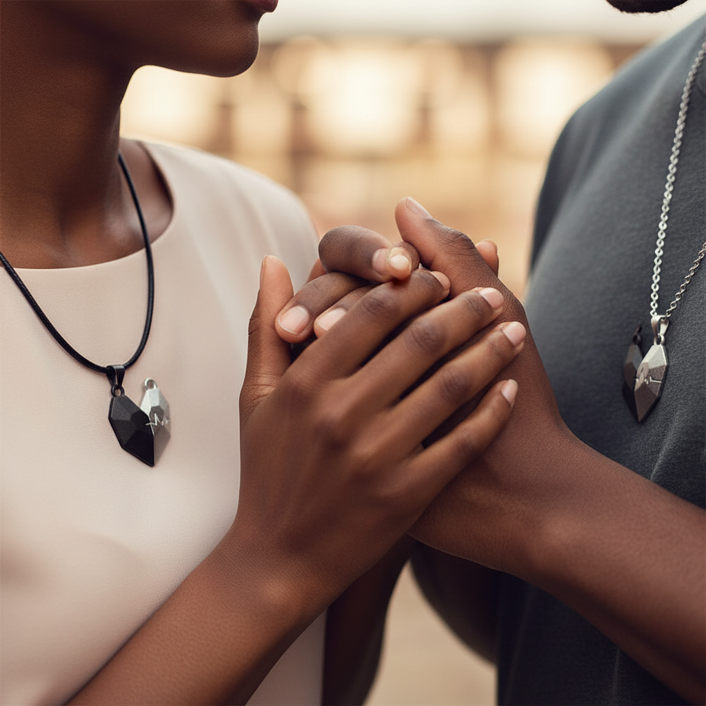 Two hands wearing Wishing Stone magnetic heart pendant necklaces