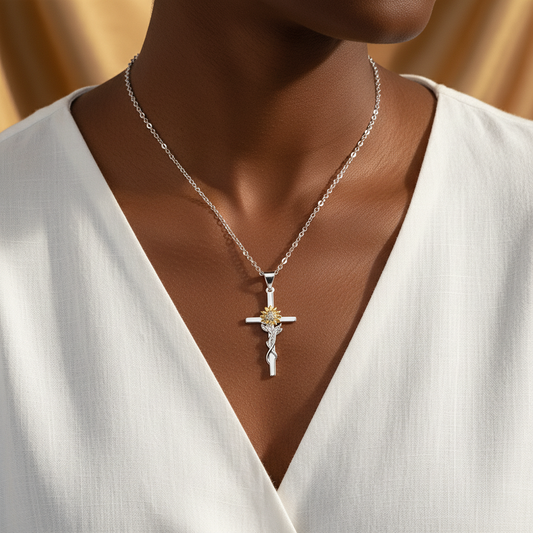 Close-up of Sunflower Cross Pendant Necklace on collarbone