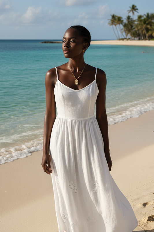 Model wearing Rose Shell mother of pearl necklace on sun-drenched beach