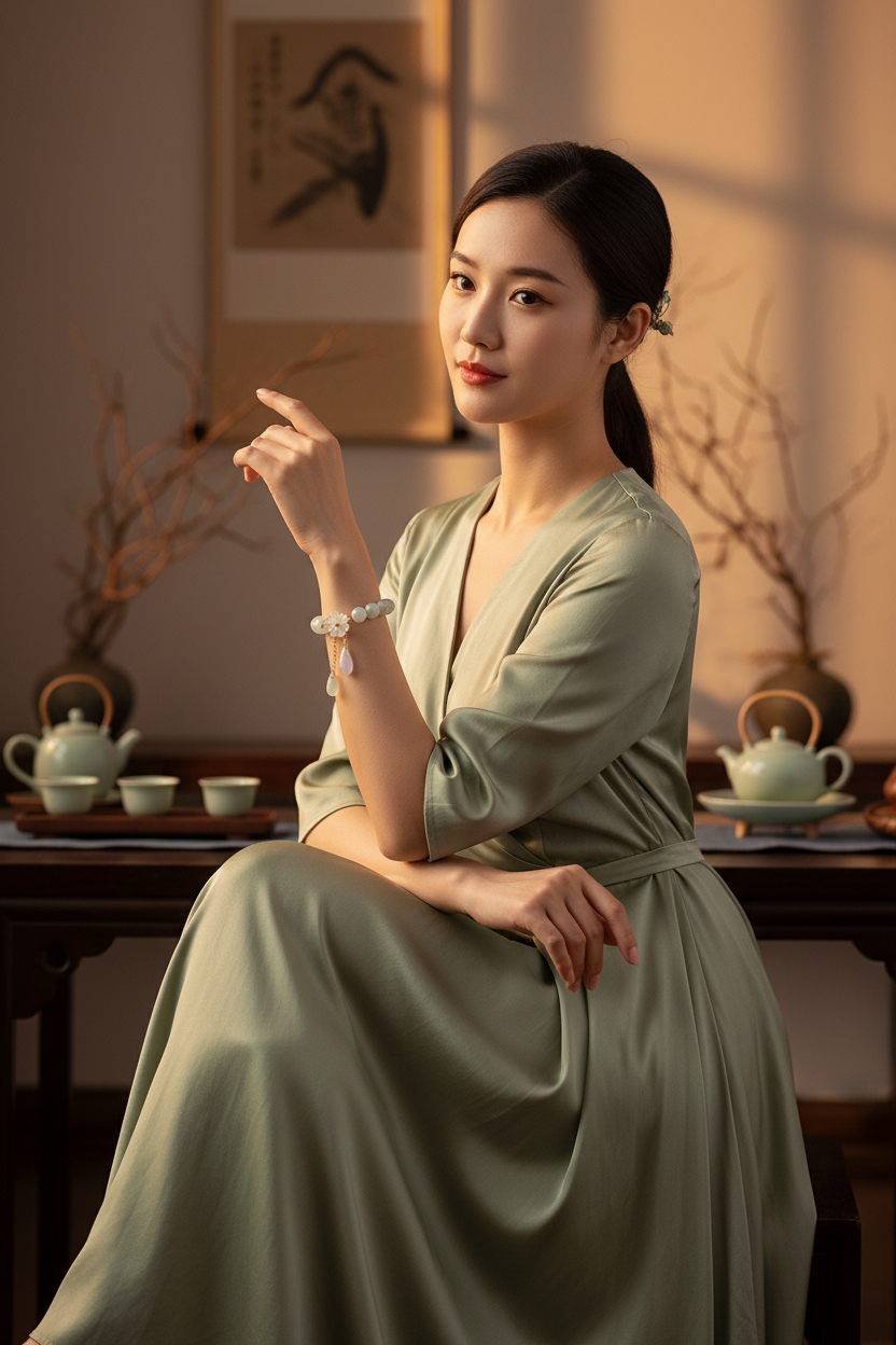 Asian model wearing Natural Jadeite & Agate Bracelet at luxury tea ceremony