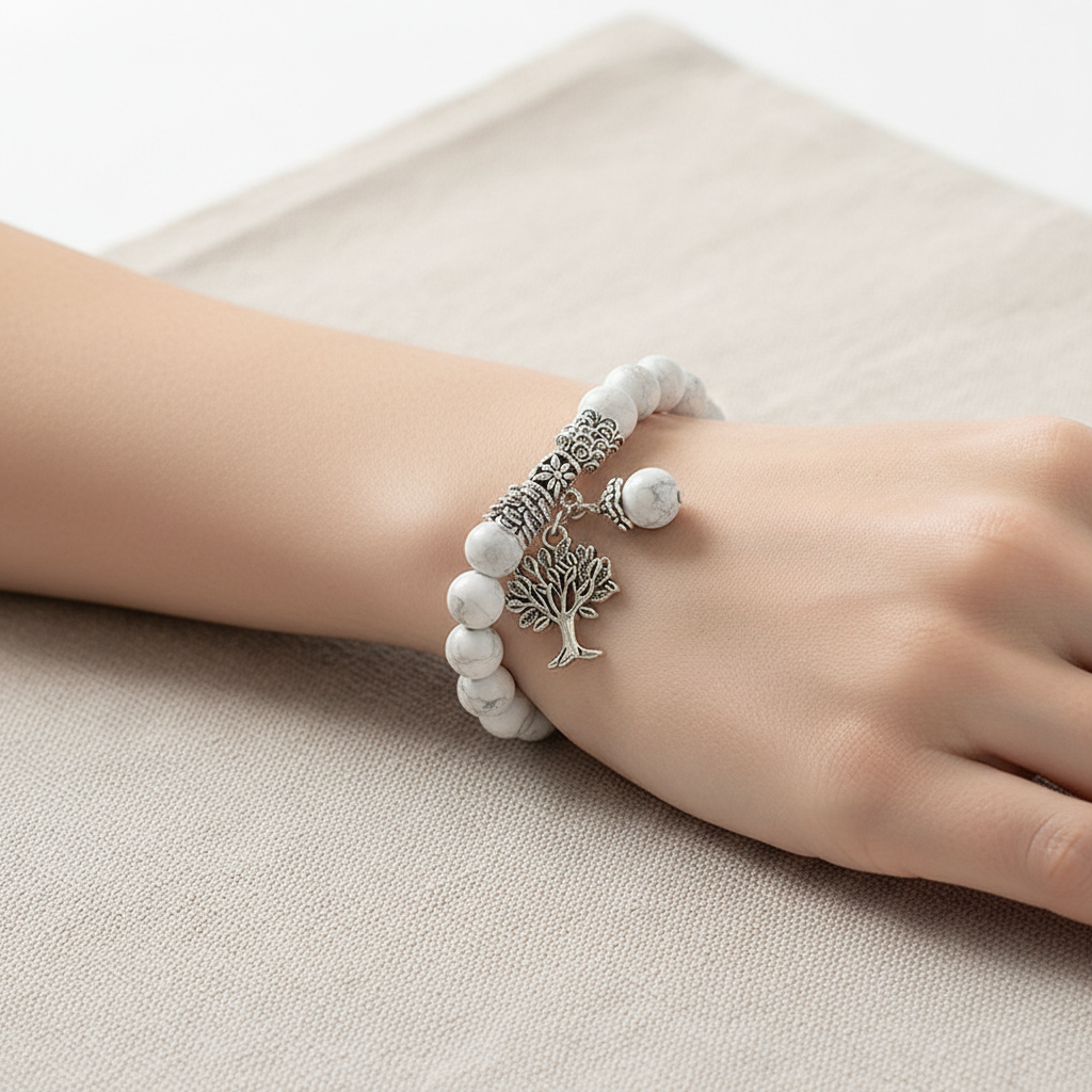 Close-up of Vintage Frosted White Pine Bead Bracelet on Caucasian model's wrist