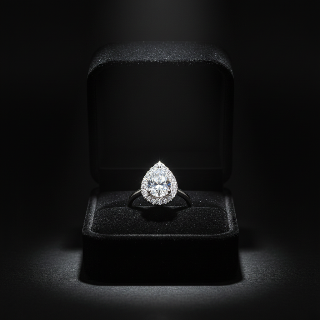 Celestine Pear Halo Moissanite Ring in luxury gift box