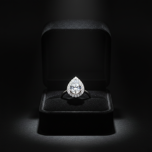 Celestine Pear Halo Moissanite Ring in luxury gift box