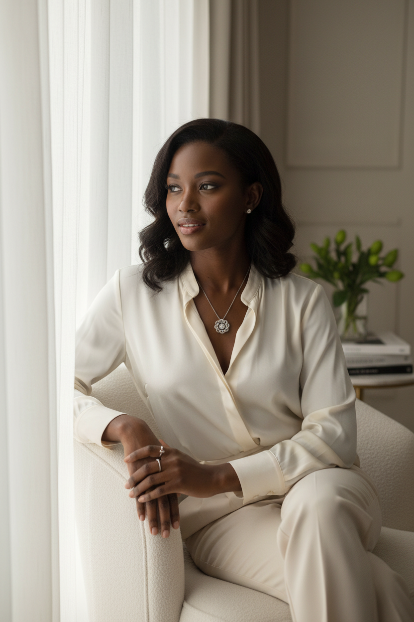 Model wearing Simply Iconic silver pendant necklace by window