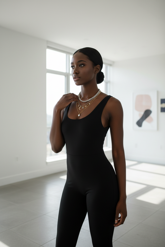 Model wearing Twist Chain Necklace layered in minimalist apartment