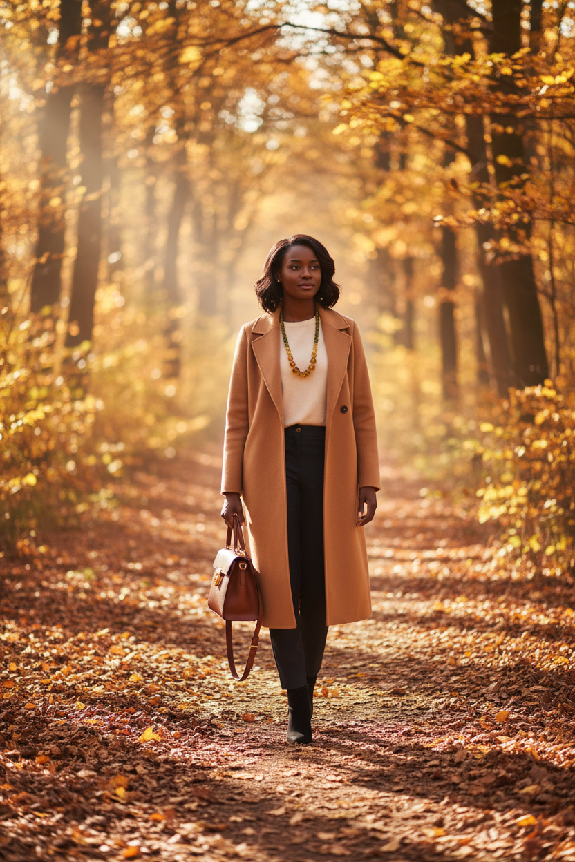 Model wearing Amber Beeswax Bead Necklace walking through autumn forest