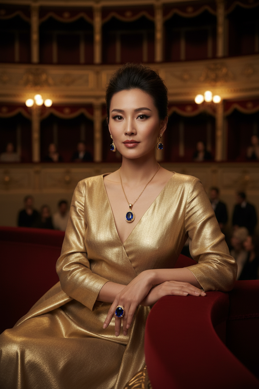 Asian model wearing Royal Blue Sapphire Gold Jewelry Set at luxury opera house