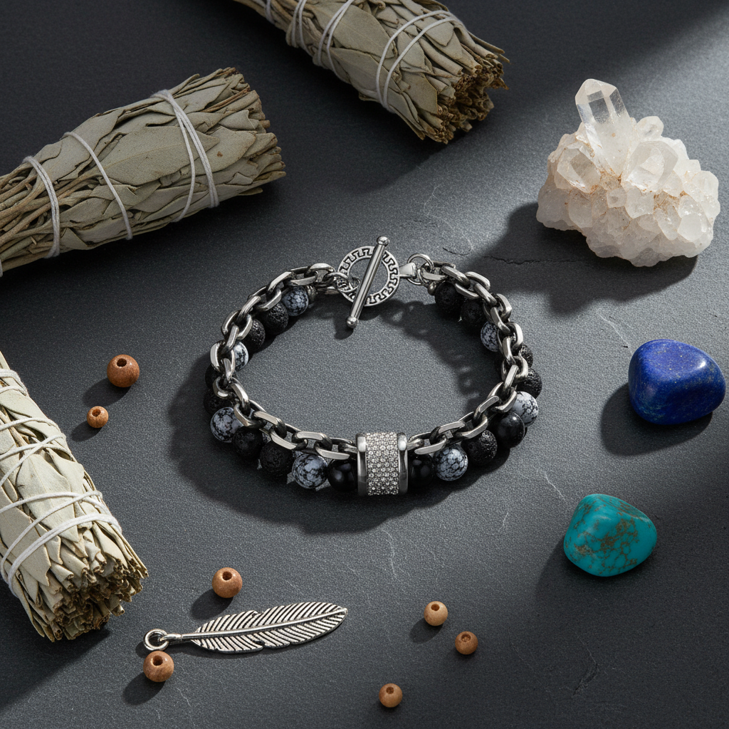 Grounded in Stone natural stone bracelets flat lay on dark slate