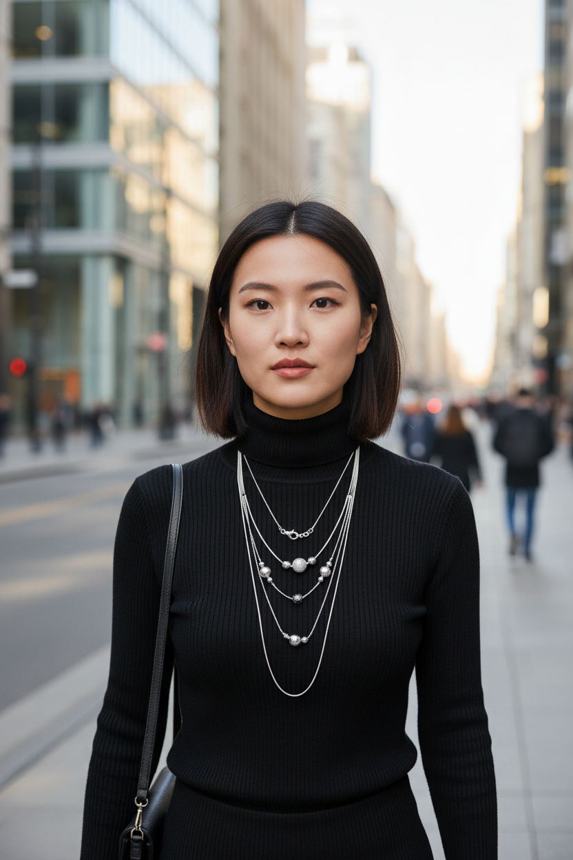 Asian model wearing Silver Bead Chain Necklace layered on city street
