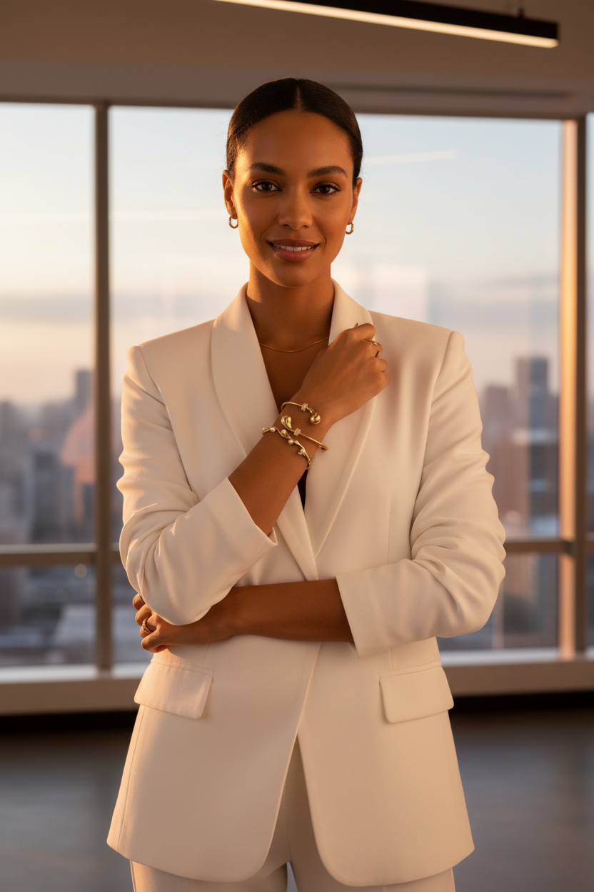 Mixed-race model wearing 18K Gold Plated Geometric Bracelet in modern office