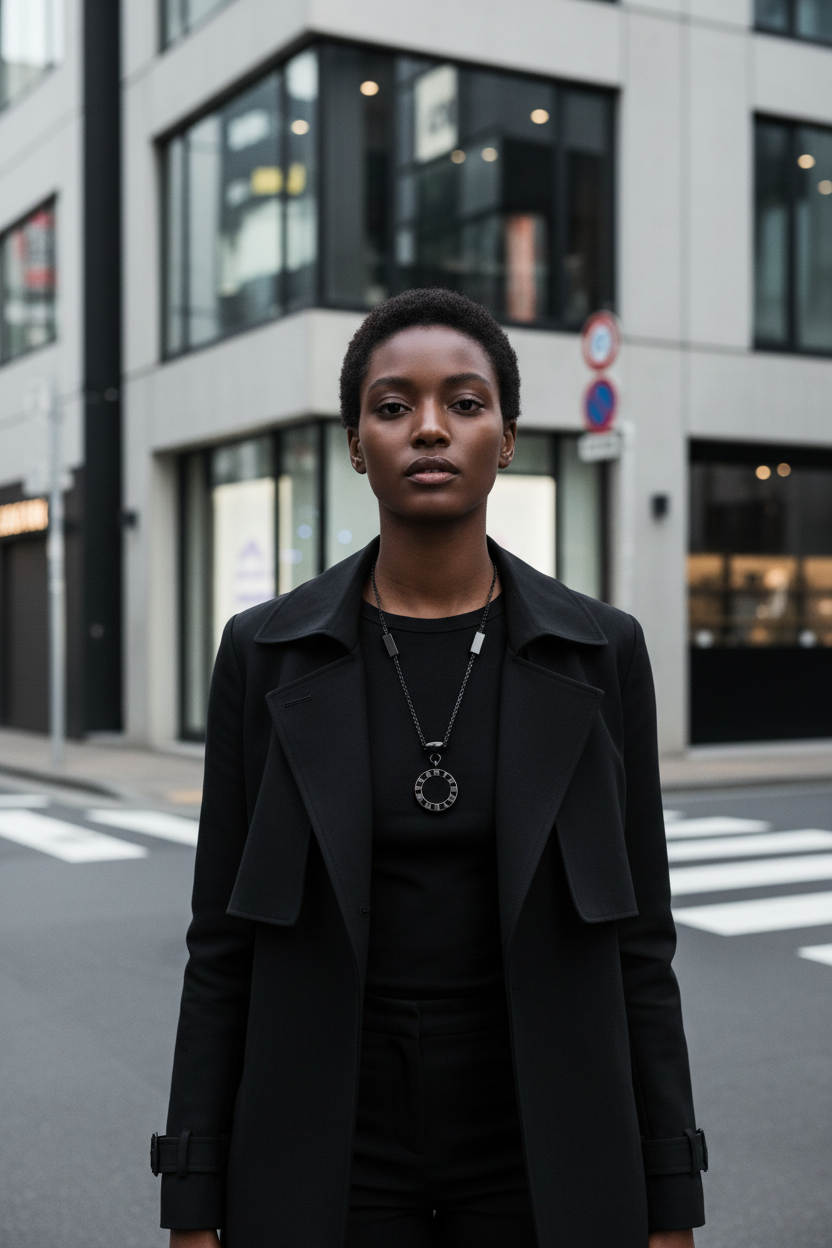 Mixed-race model wearing Korean Titanium Steel Pendant Necklace on Tokyo street