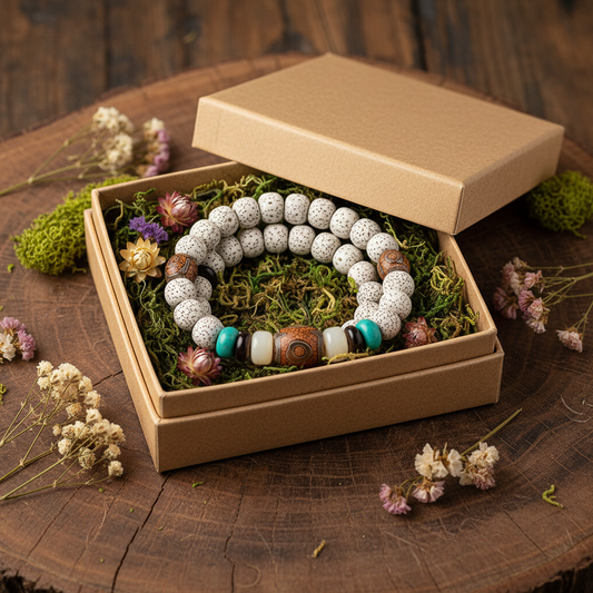 Bodhi Seed Celestial Bracelet in kraft gift box with dried flowers