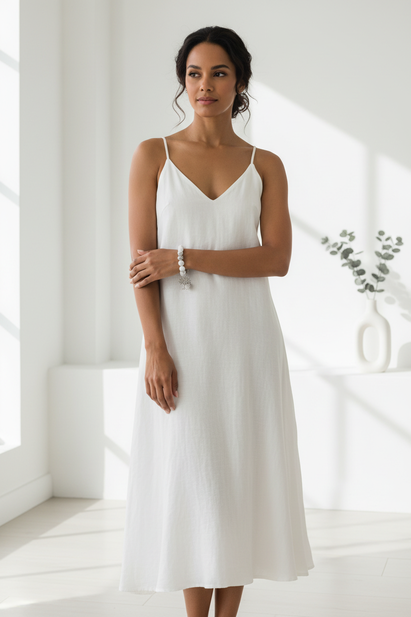 Mixed-race model wearing Vintage Frosted White Pine Bead Bracelet in minimalist white interior