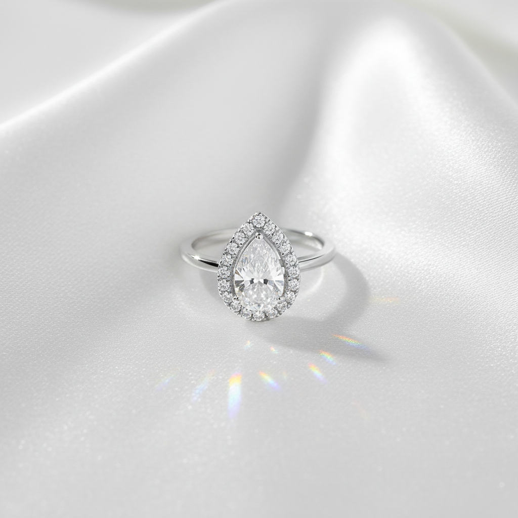 Celestine Pear Halo Moissanite Ring on white silk flat lay
