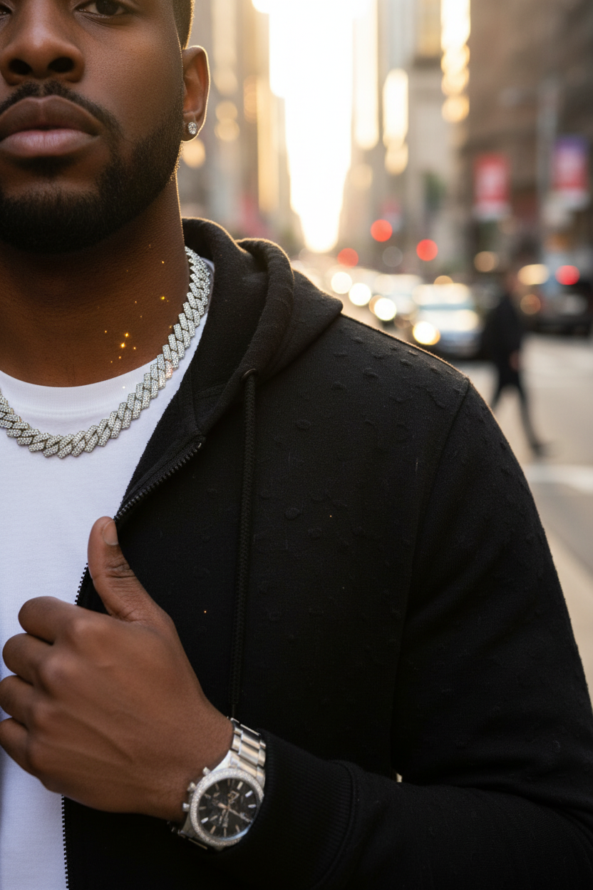 Iced Cuban Chain worn on neck urban street lifestyle