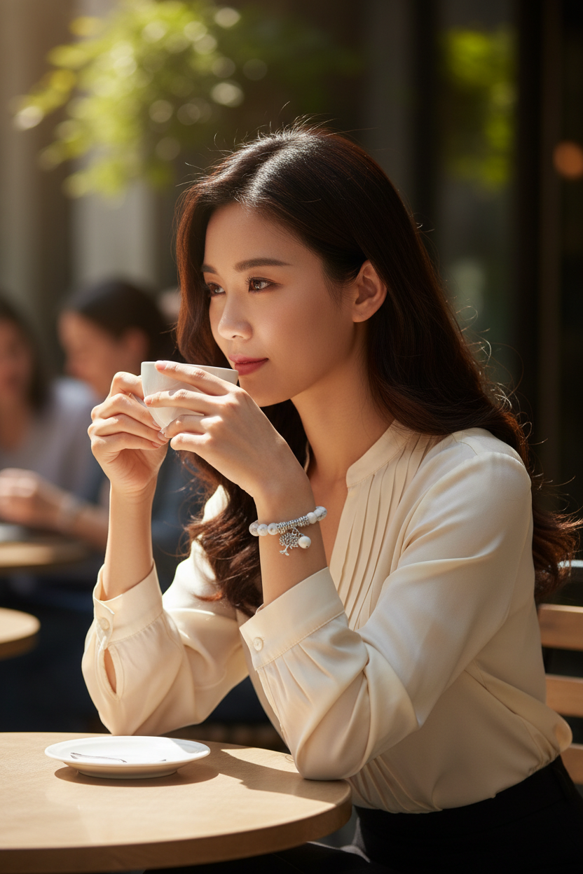 Asian model wearing Vintage Frosted White Pine Bead Bracelet at sunlit cafe terrace