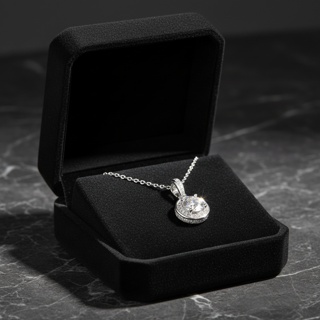 Dark Night Elf Moissanite Necklace in luxury black velvet gift box
