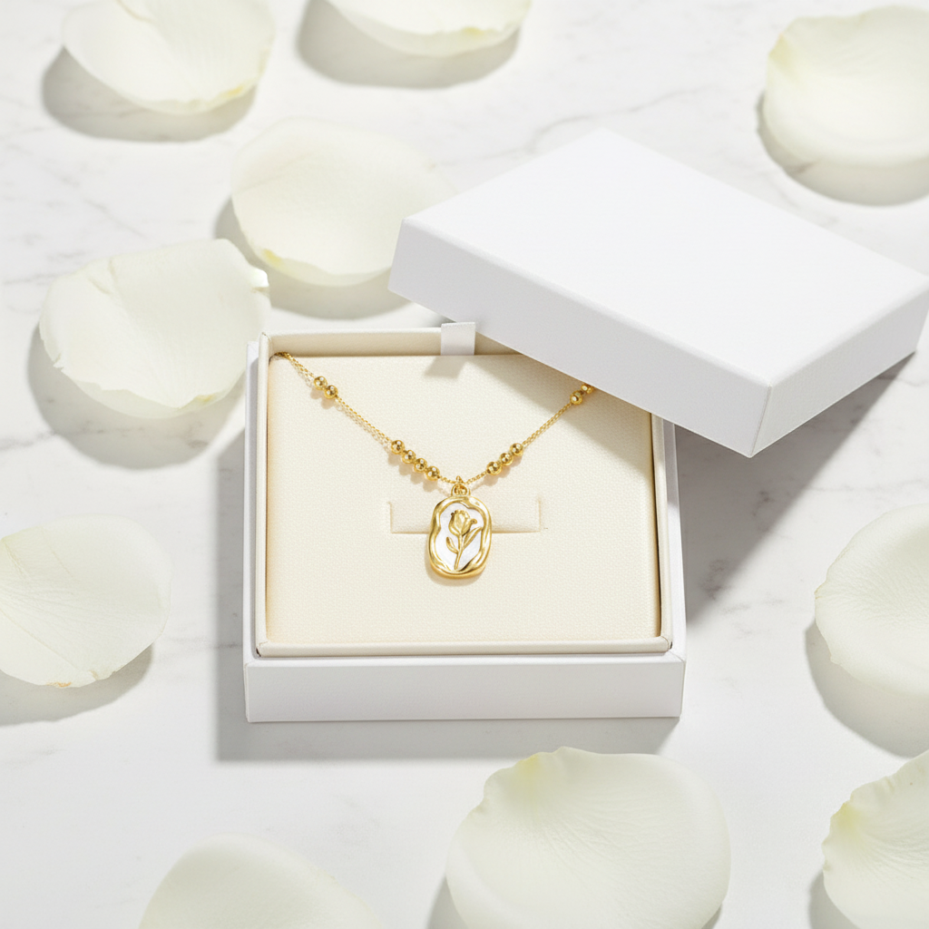 Rose Shell necklace in luxury white gift box with rose petals