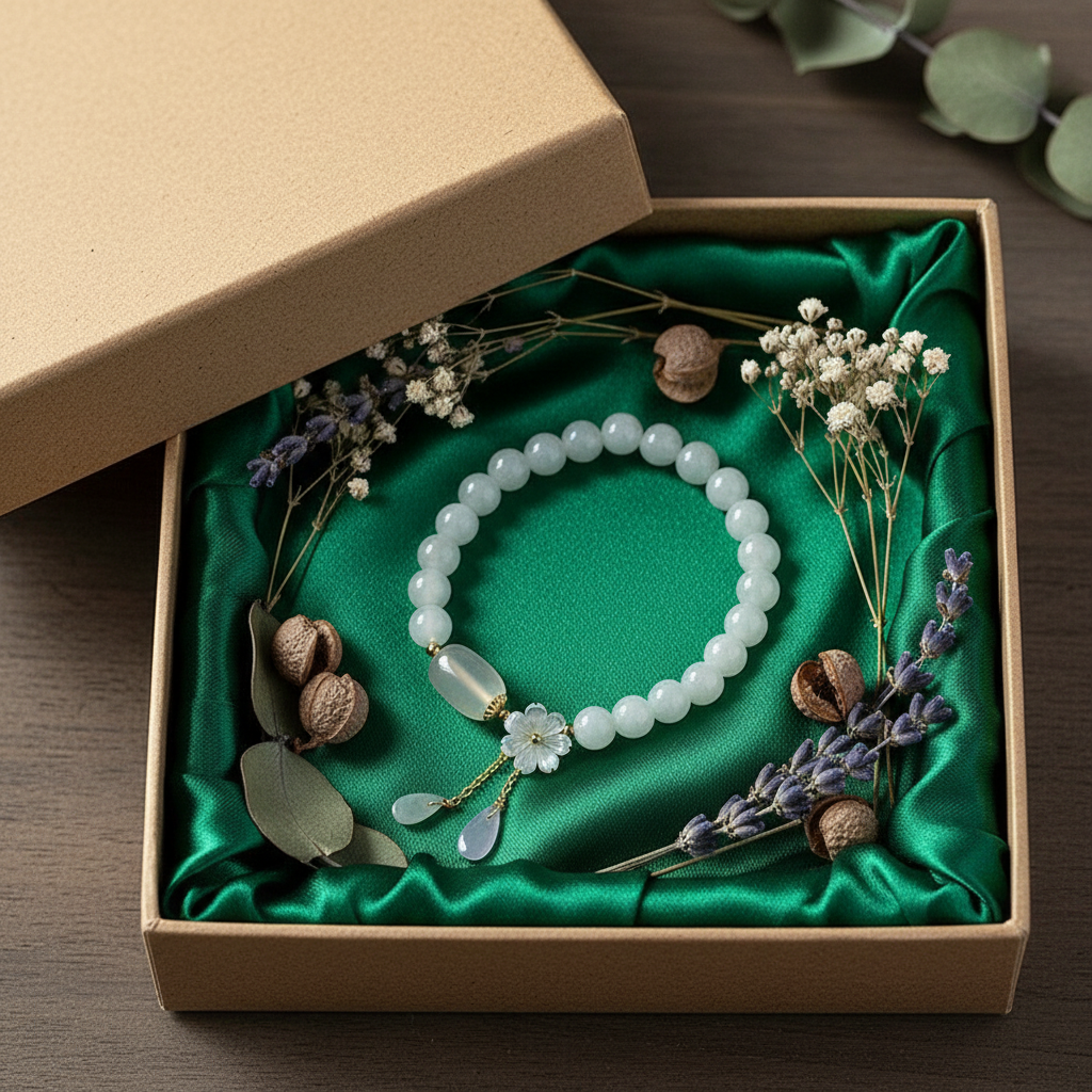 Natural Jadeite & Agate Bracelet in kraft gift box with botanicals